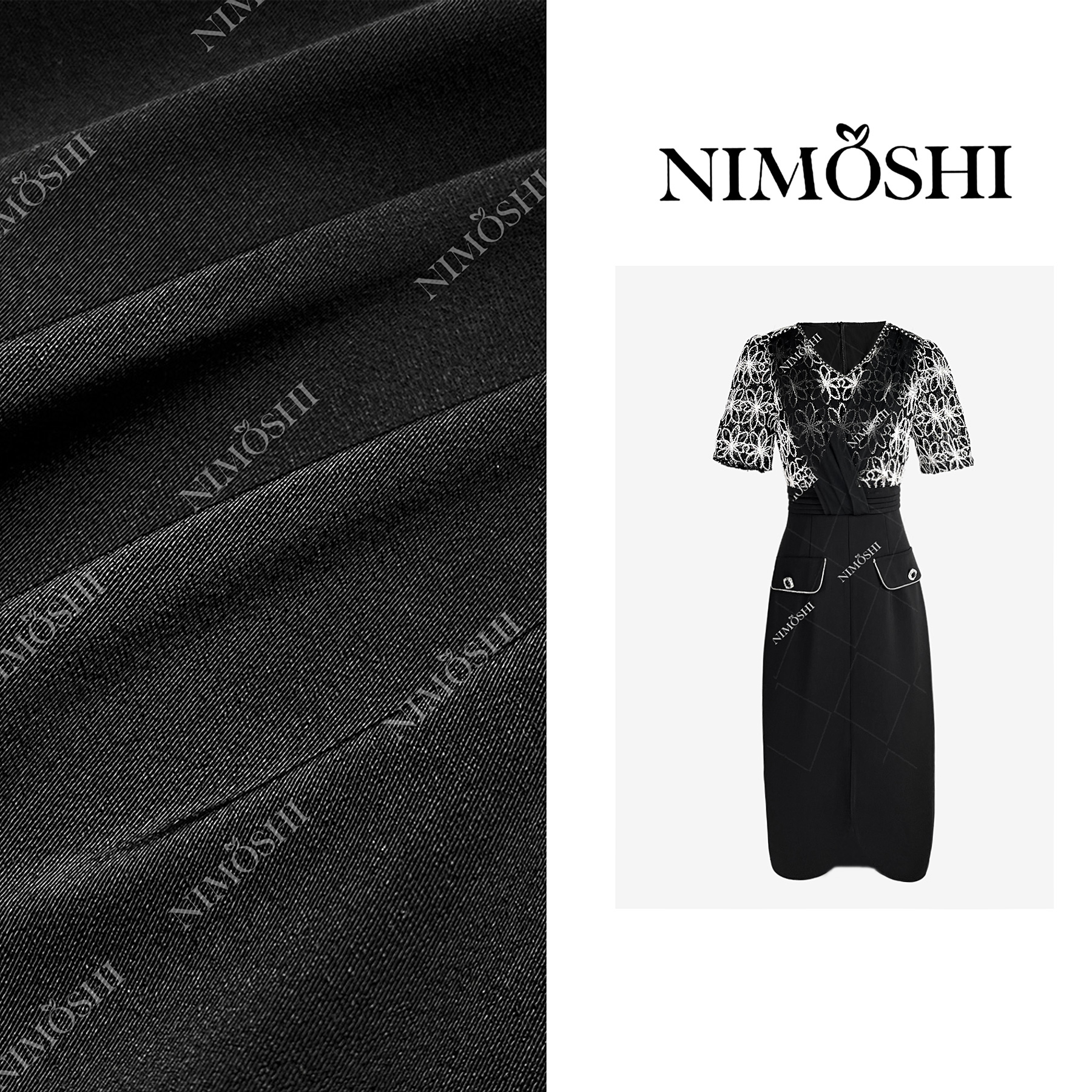 NIMOSHI莎莎黑白上下拼接褶皱网纱开叉气质减龄显瘦连衣裙Q1893