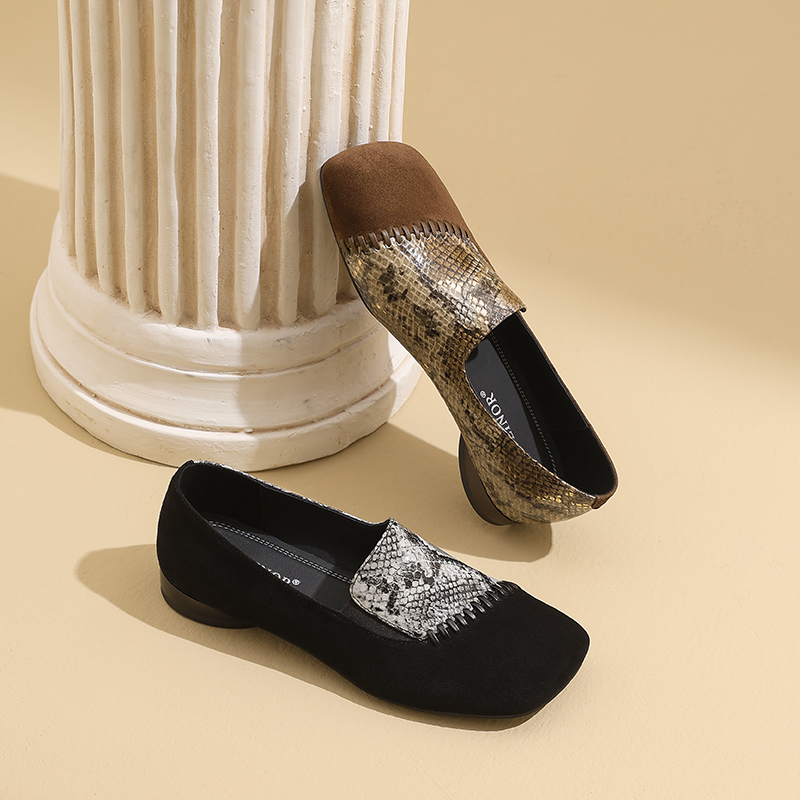 【现货】AMEINOR2025复古时尚纹理拼接设计魅力独特斜方头单鞋0157