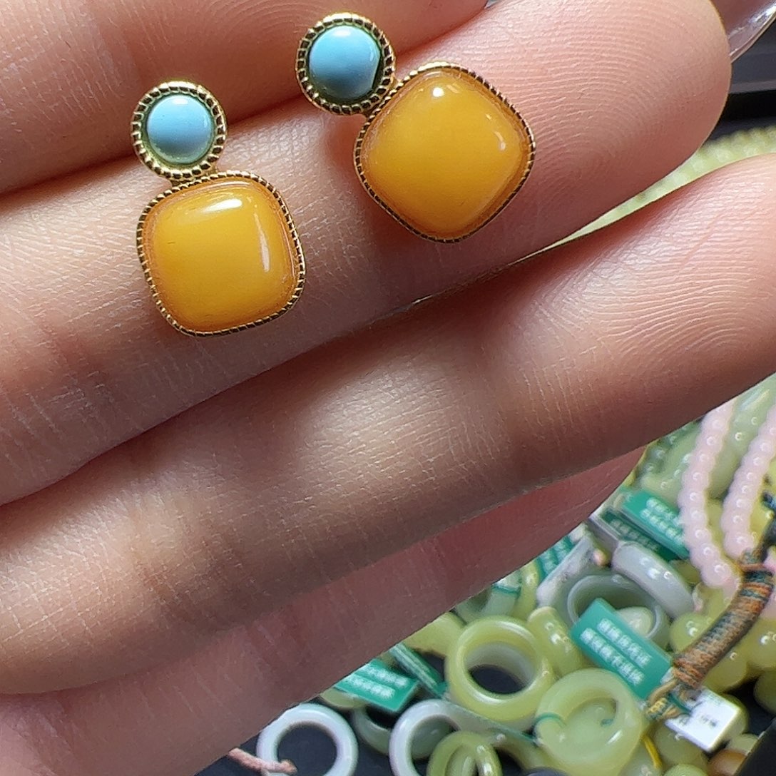 蜜蜡银S925镶嵌耳饰