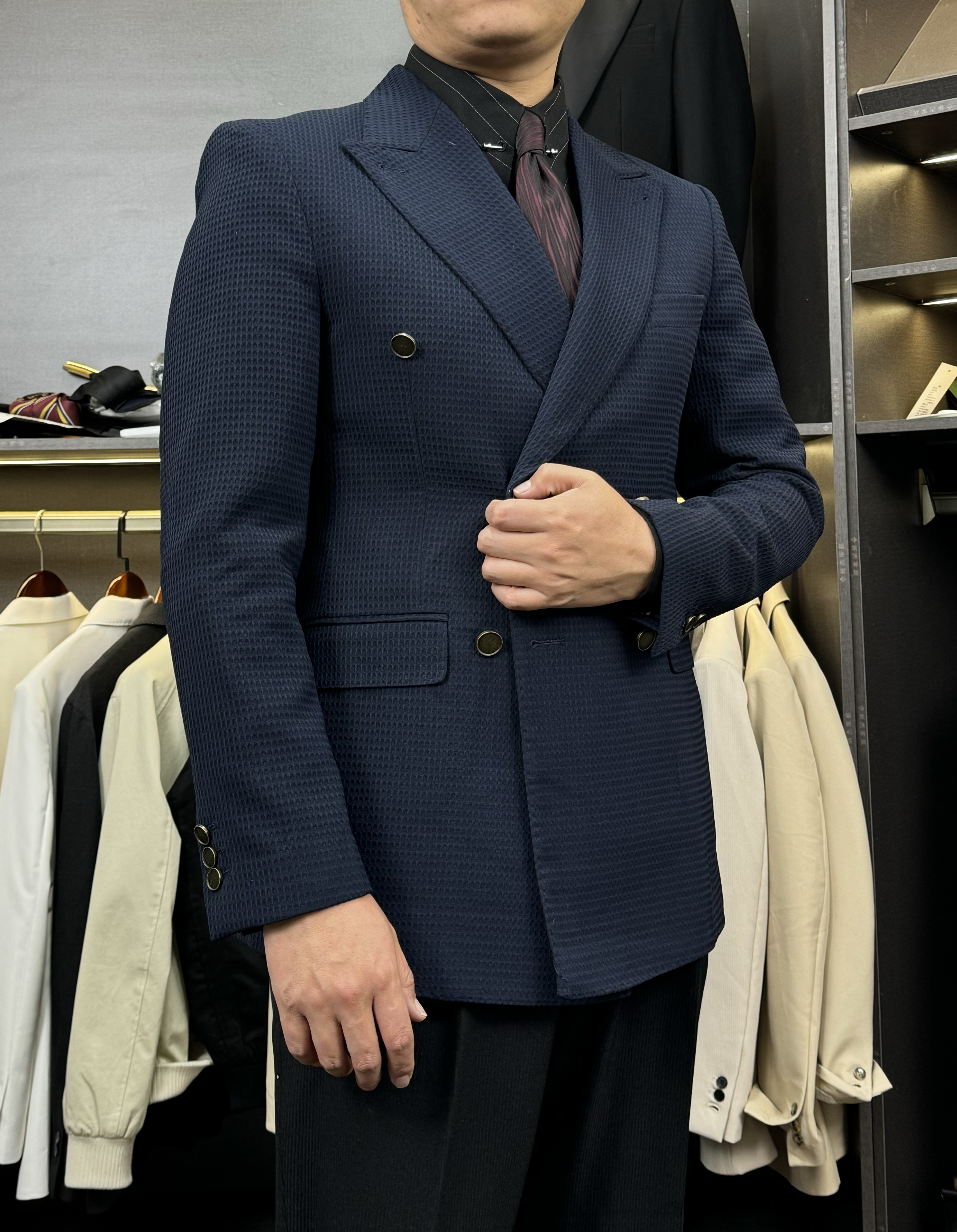 春款华夫格布雷泽西装深灰男士结婚商务西服单件休闲时尚帅气