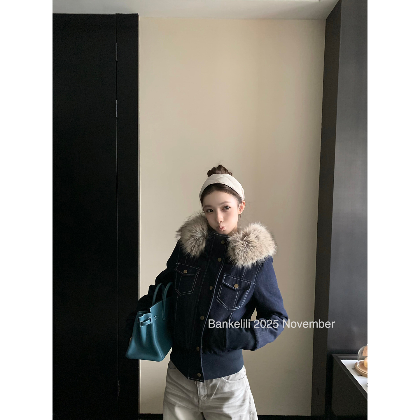 板栗可可'英格兰街区'复古牛仔连帽环葆毛领夹克外套女