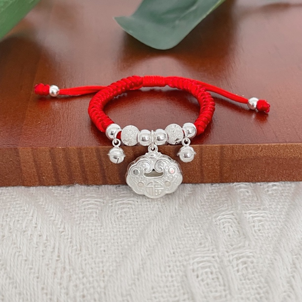 足银布艺手链 足银福字手绳铃铛手绳宝宝纯银编织红绳手链周岁礼