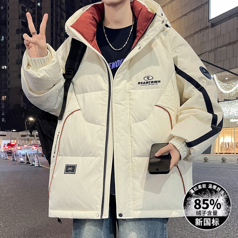 青少年冬季连帽羽绒服男港风潮流百搭学生防寒保暖加厚白鸭绒外套