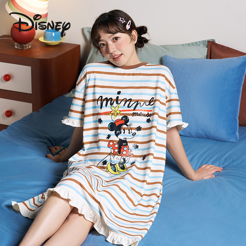 Disney/迪士尼夏季爆款条纹单件可外穿宽松卡通睡裙圆领家居服