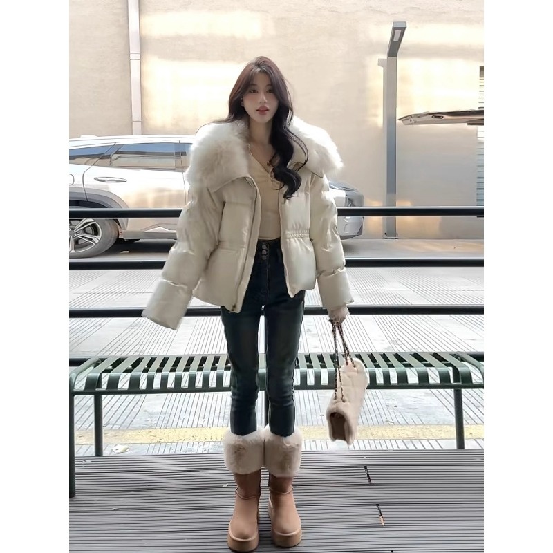 韩系气质白色大毛领长袖棉服外套女2025冬季新款拉链短款棉衣棉袄