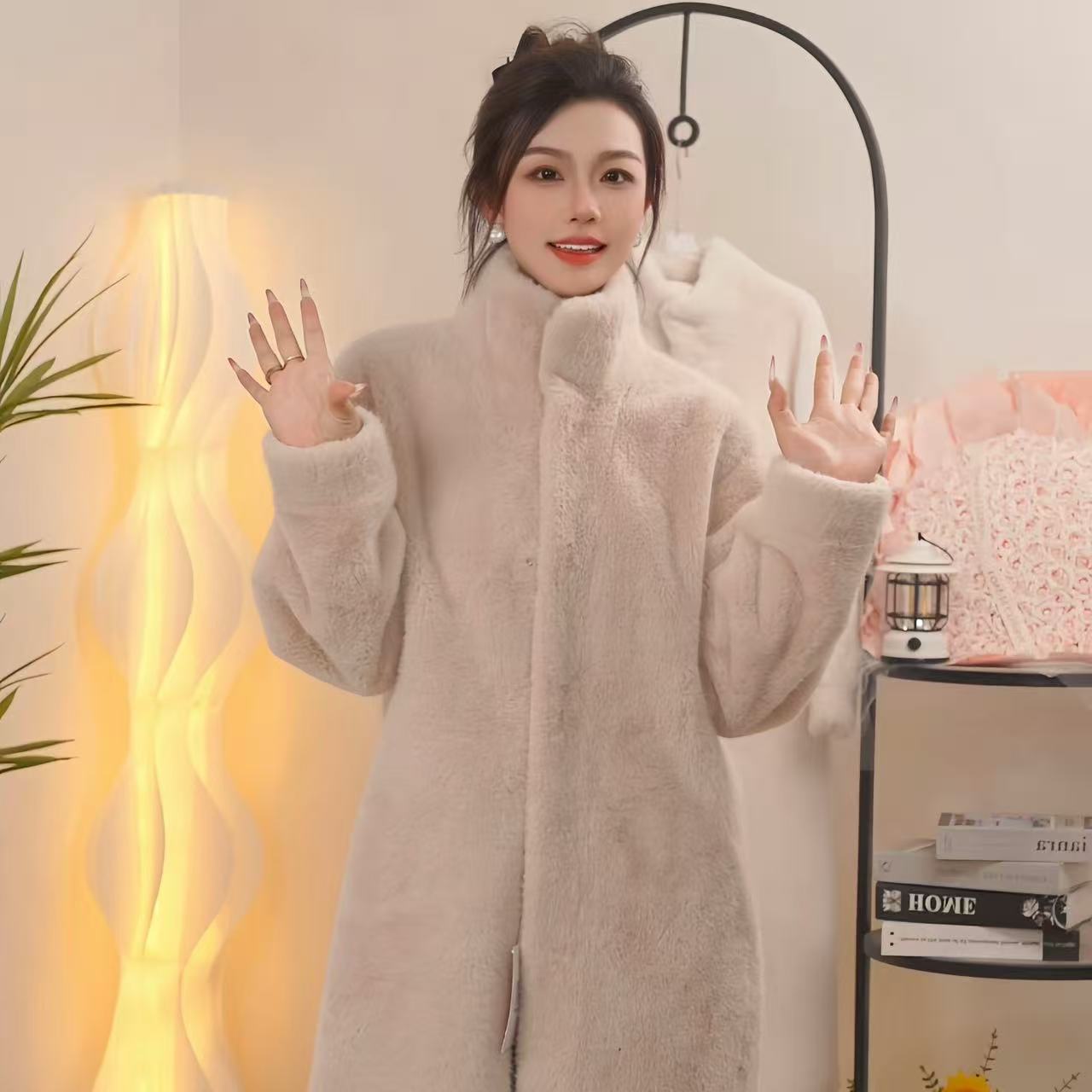 新款欧貂绒立领长款设计师气质百搭保暖毛毛中长毛外套0513