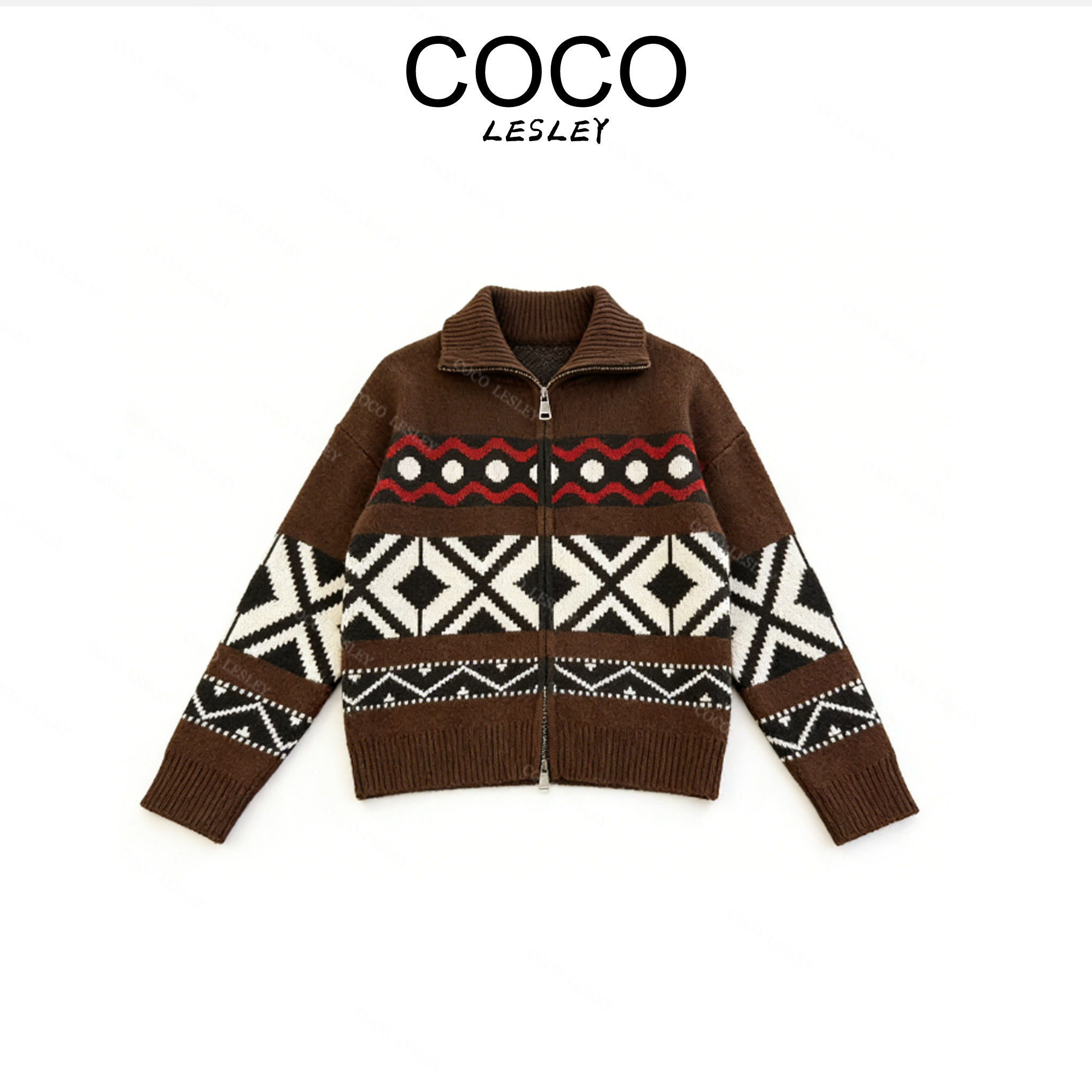 【COCO LESLEY】秋冬针织几何图案毛针织衫拼色立领轻奢上衣 F1491