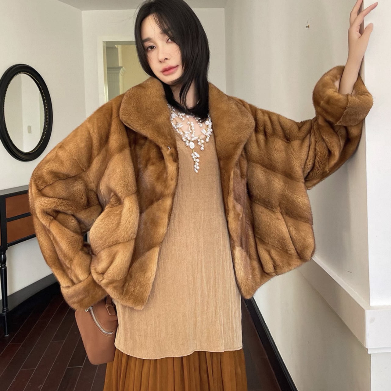 斜排水貂皮草外套翻领皮草大衣2025新款DZ2669【莉莉推荐】