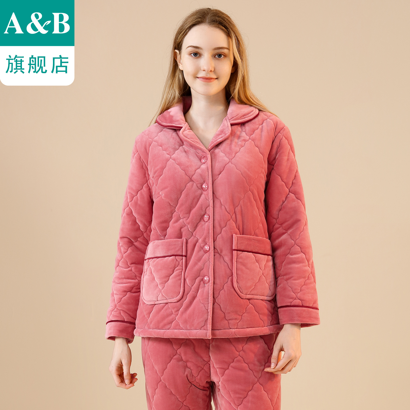 ab内衣珊瑚绒睡衣女翻领开襟三层加厚夹棉加绒保暖家居服套装J006