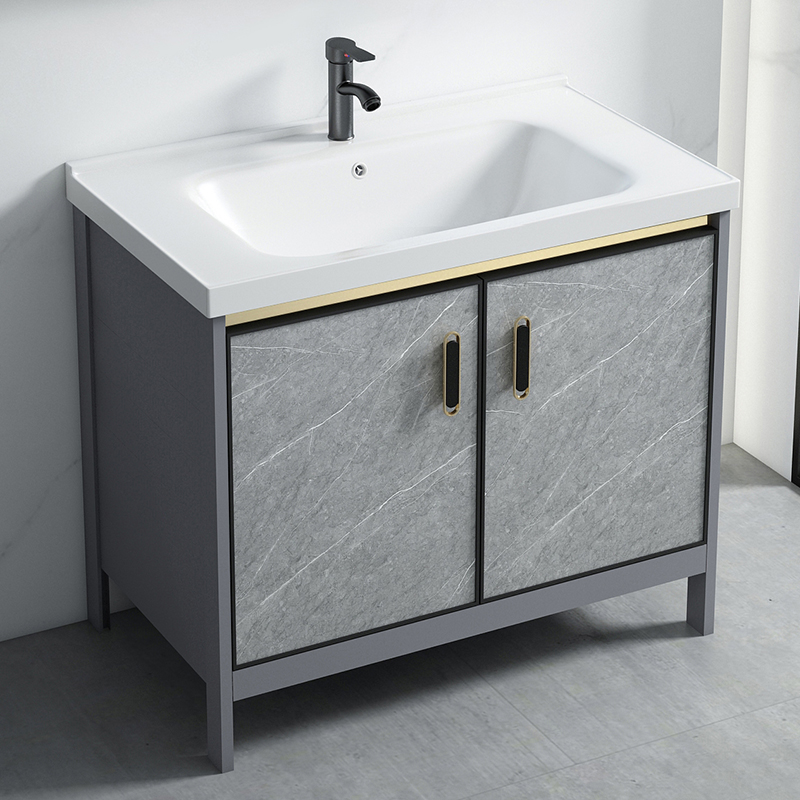 简约卫生间阳台一体洗漱台太空铝落地式浴室柜组合陶瓷一体洗手盆