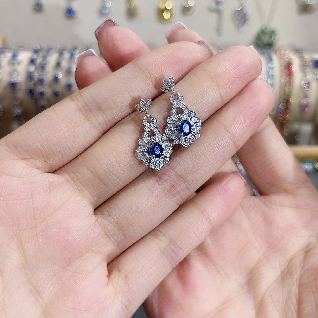 蓝宝石耳饰银S925镶嵌素**翎