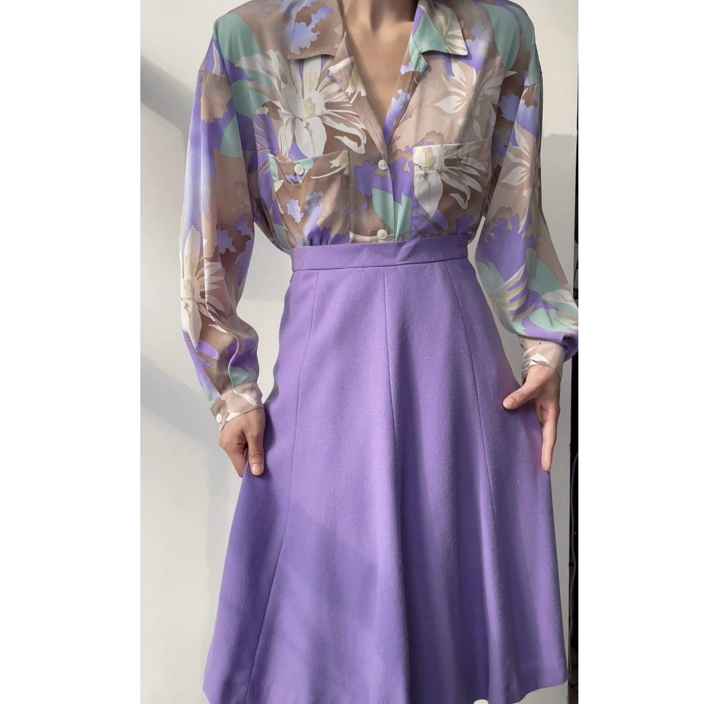 古着Vintage｜紫色印花衬衫 紫色设计感大摆半身长裙