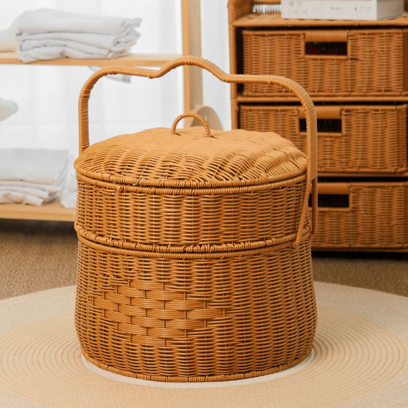 Q80家用圆形双层手提拜拜篮带盖收纳篮结婚喜篮子纯手工编织仿藤