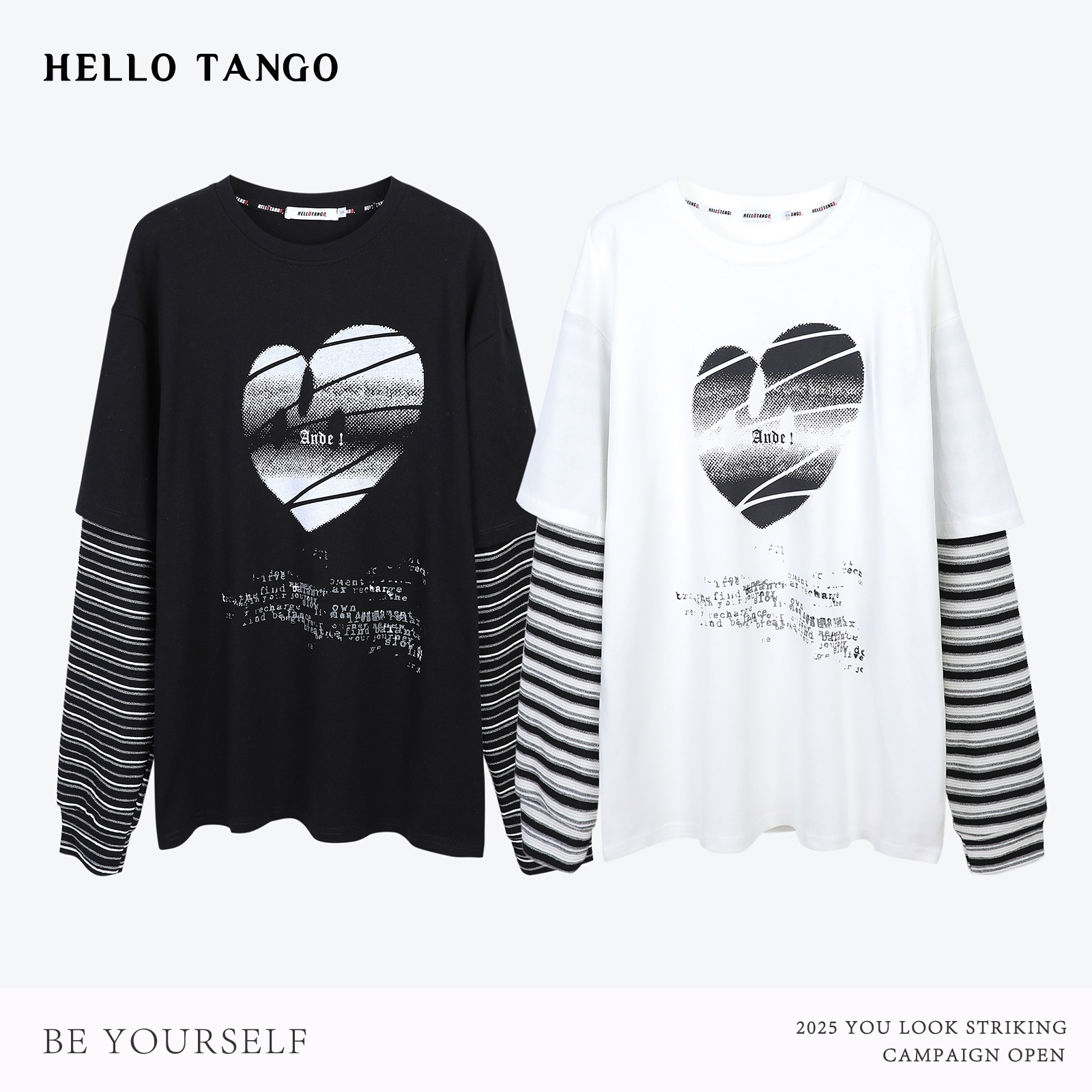 HELLOTANGO《千禧少女》复古甜酷趣味图案拼接条纹长袖T恤540352