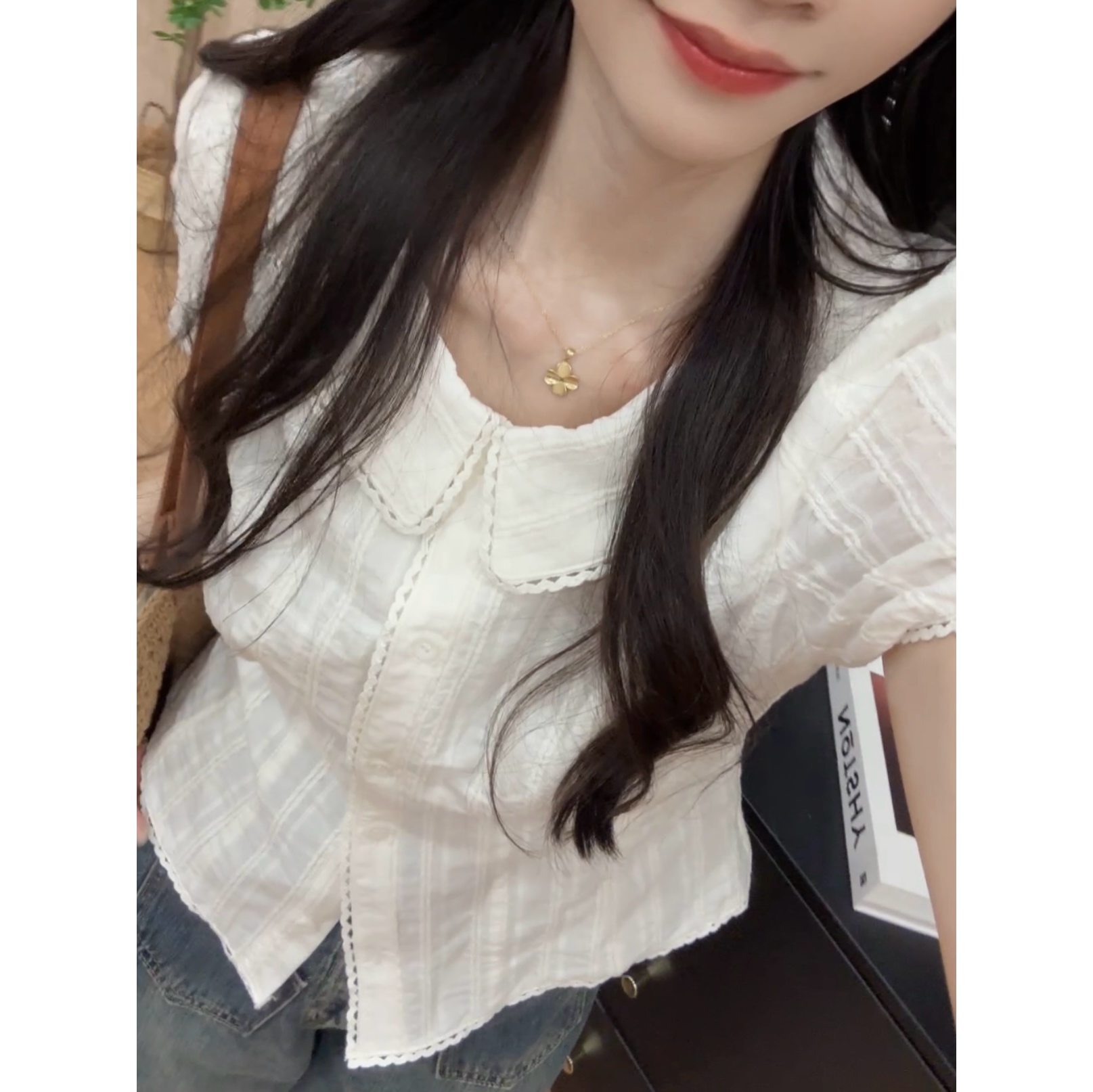 【五分糖】收腰翻领花边小衫法式甜美短袖衬衫