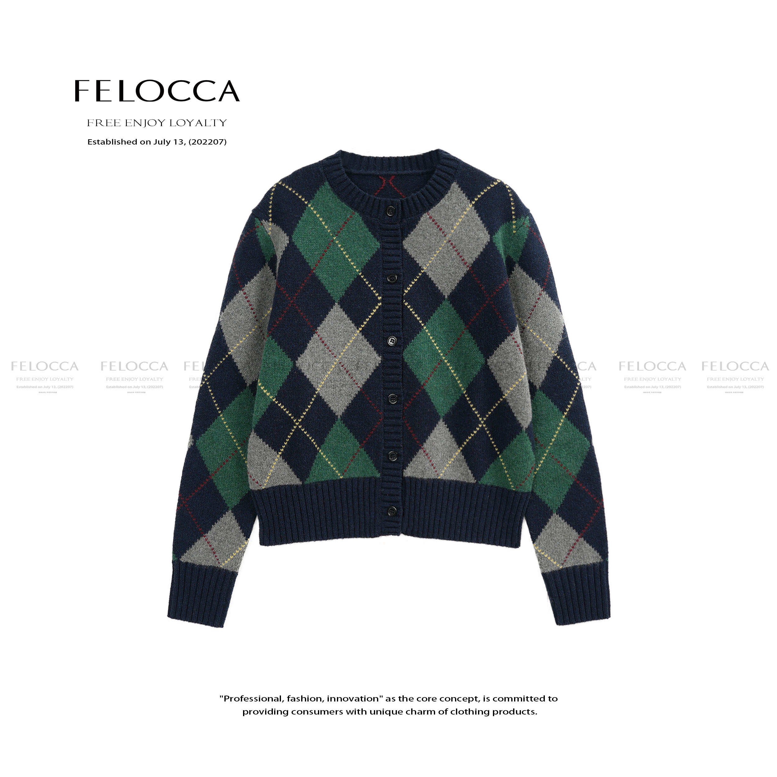 【FELOCCA】精品时尚百搭圆领菱形格排扣长袖针织开衫25AMZ788