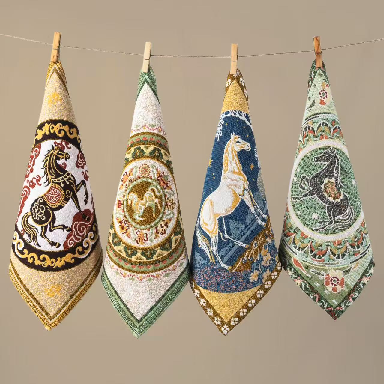 锦鞍四骏方巾 棉麻亲肤高端柔软