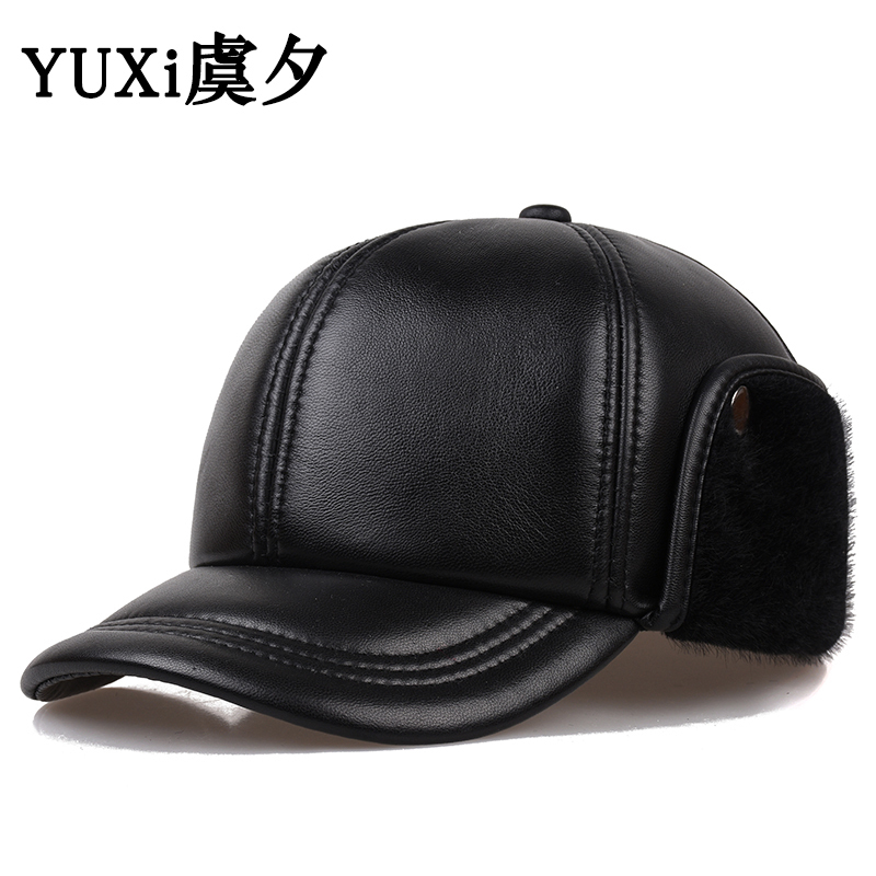 中老年真皮帽子男冬天保暖加厚老人帽爷爷爸爸羊皮护耳老头棒球帽