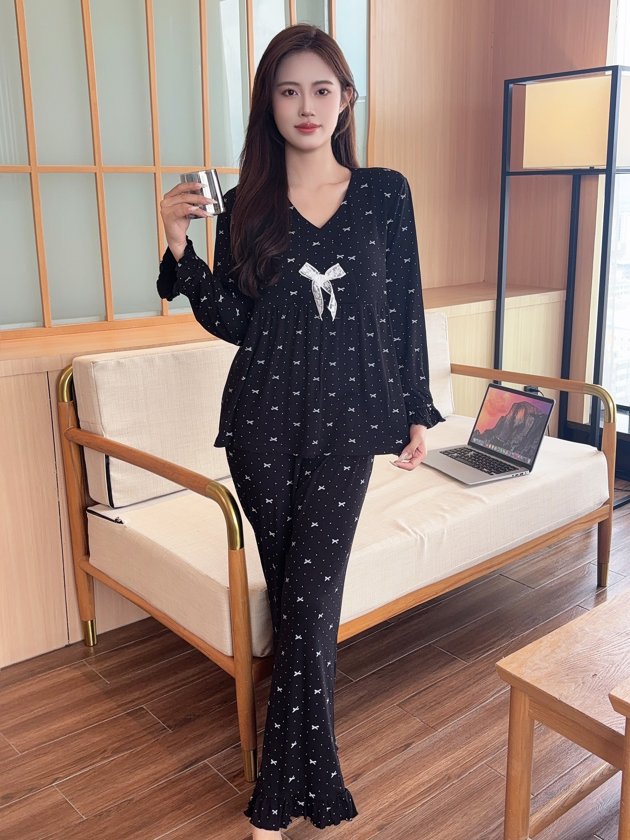 清新淑女甜美风自带固定杯垫莫代尔软糯舒适女士家居服套装