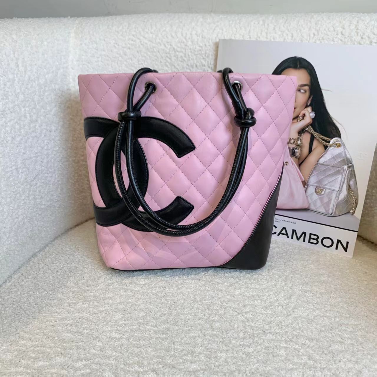 99新 Chanel/香奈儿 壹臻/黑拼粉牛皮康鹏菜篮子9开 21594787