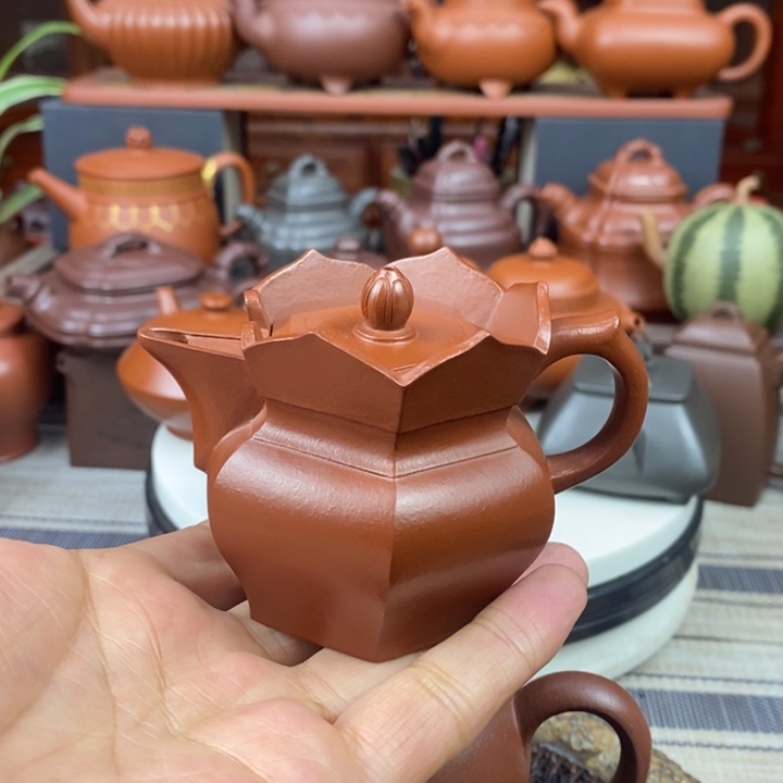 紫砂茶壶六方僧帽100cc原矿赵庄朱泥
