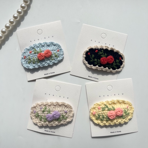 手工毛线钩织刺绣玫瑰针织发卡少女编织儿童森系水滴夹边夹刘海价