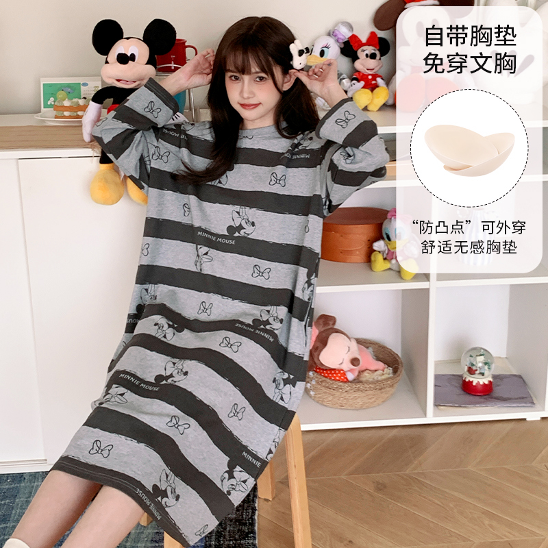 Disney/迪士尼条纹卡通女秋季纯棉长袖卡通成人舒适家居服0154