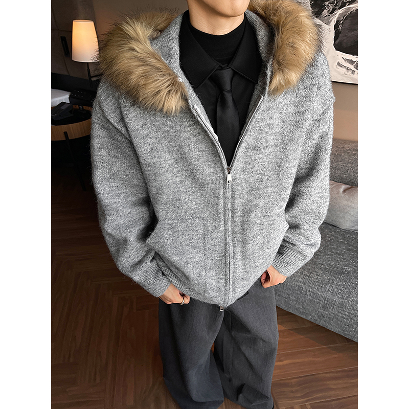 秋冬季新款法式复古毛领开衫毛衣男款2025街头大码长袖上衣高级感