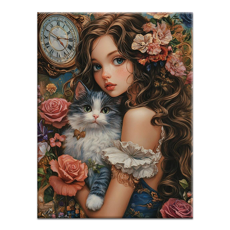 少女与猫数字油画丙烯填充手绘治愈减压油彩涂色画