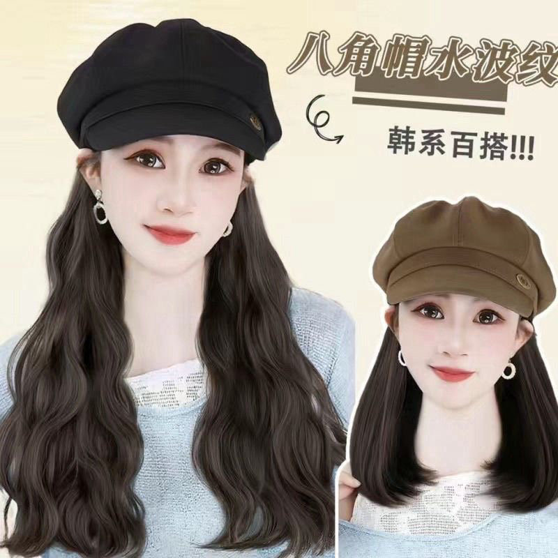 秋冬新款帽子假发一体时尚百搭八角帽水波纹内扣逼真自然