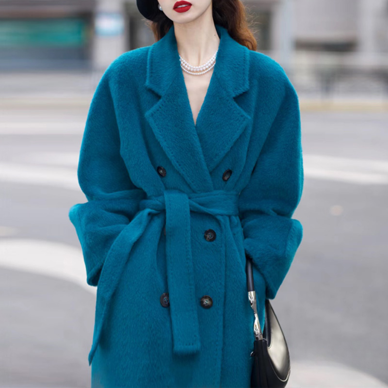 孔雀蓝双面呢大衣女新款中长款双面绒高级感加厚毛呢羊绒羊绒大衣