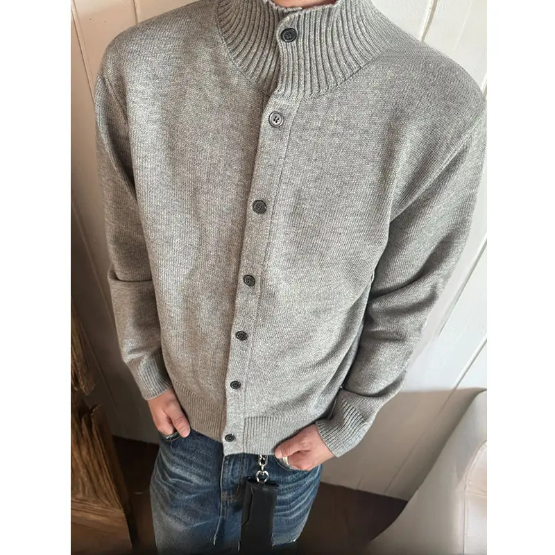 黑色半高领纽扣开衫毛衣男秋冬款高级感美式慵懒风针织衫内搭上衣