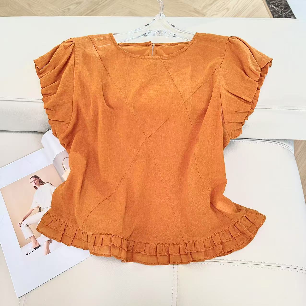 韩系木耳边花苞袖天丝小衫女2025夏新款减龄显瘦短袖衬衫上衣B532