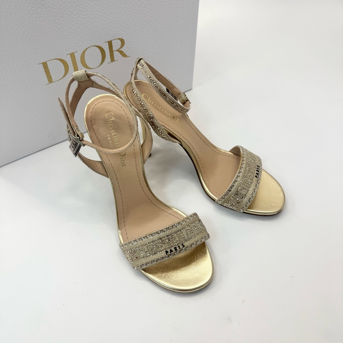 未使用 DIOR/迪奥 37.5码气质金色/黑色水钻高跟凉鞋TT250592