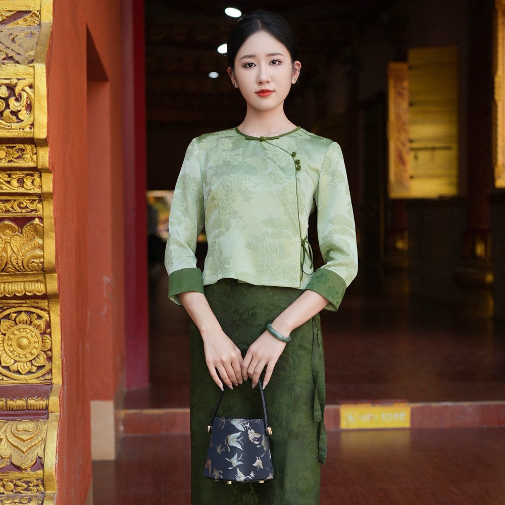 玉家人【勐枝】桑蚕丝绿色冠乐绉傣族服装中国风民族风春夏上衣