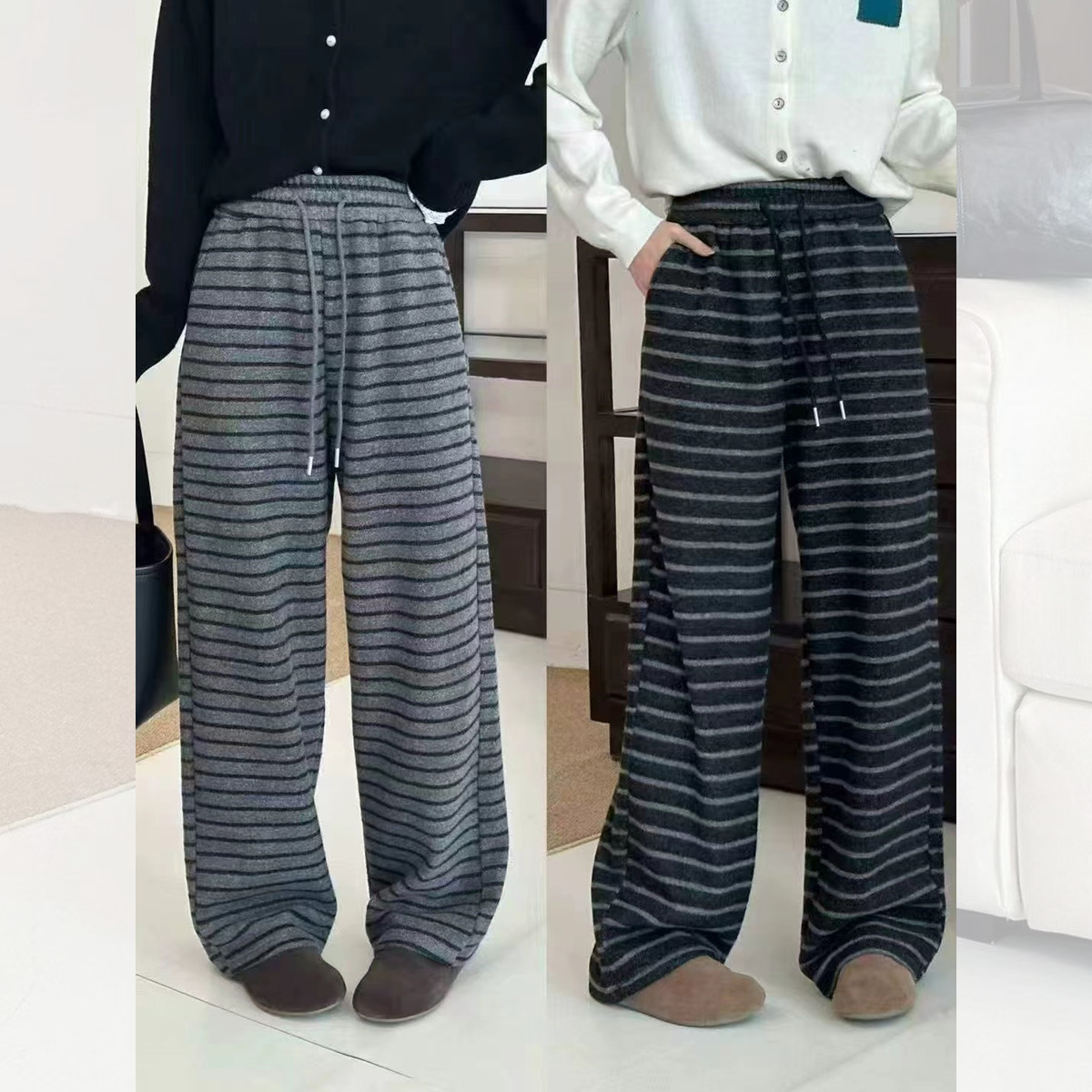 “条纹裤”2025冬季韩版新款抽绳松紧腰时髦条纹休闲百搭加绒阔腿裤