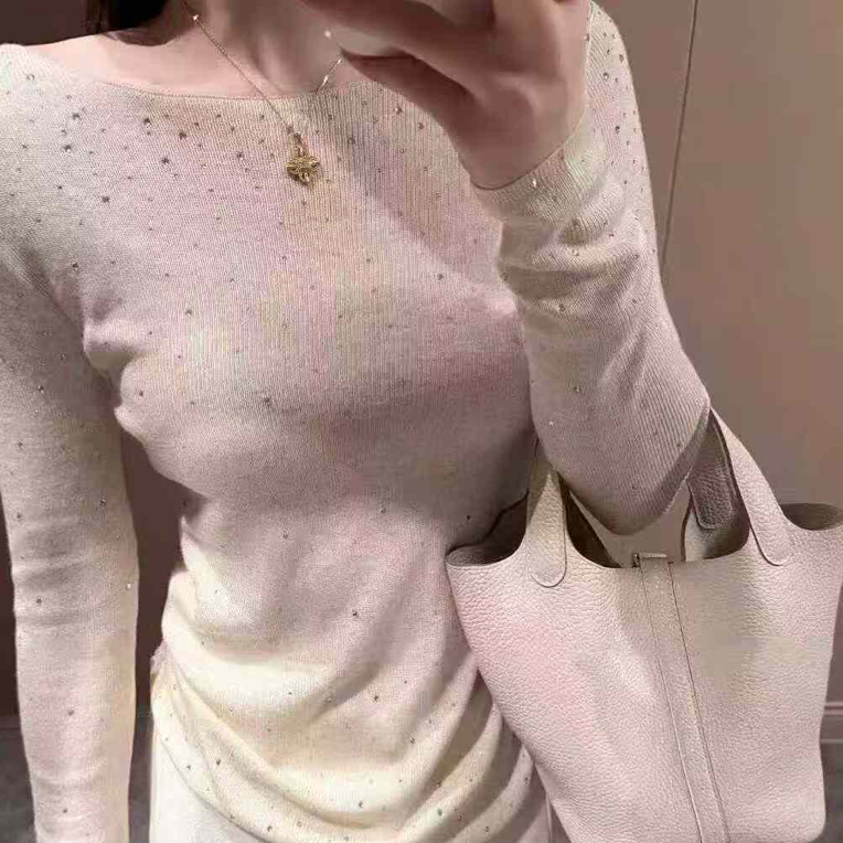 毛针织衫常规针织长袖打底衫烫钻ins蕾丝常规款修身