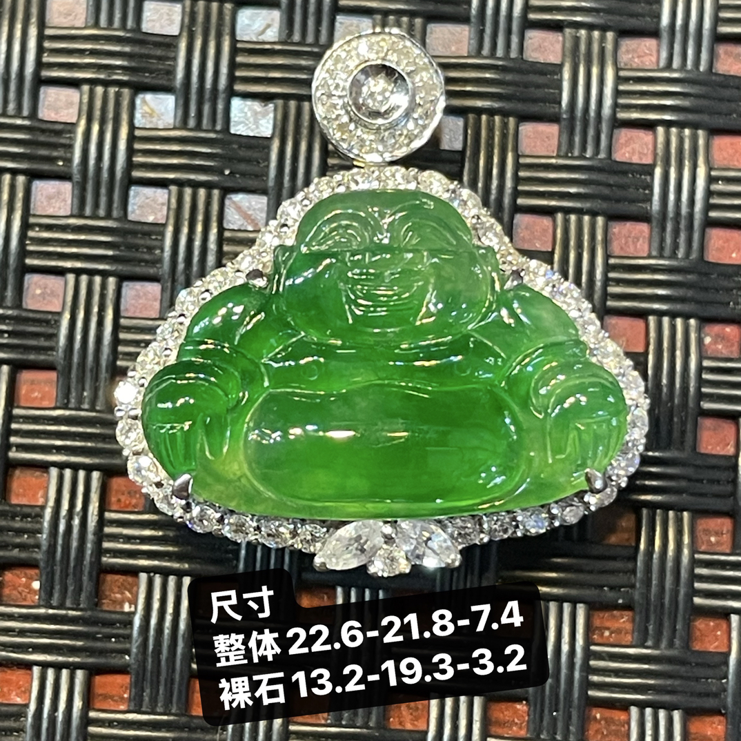 荣翠翡翠珠宝，天然缅料翡翠A货18k金南非真钻镶嵌冰满绿佛公吊坠