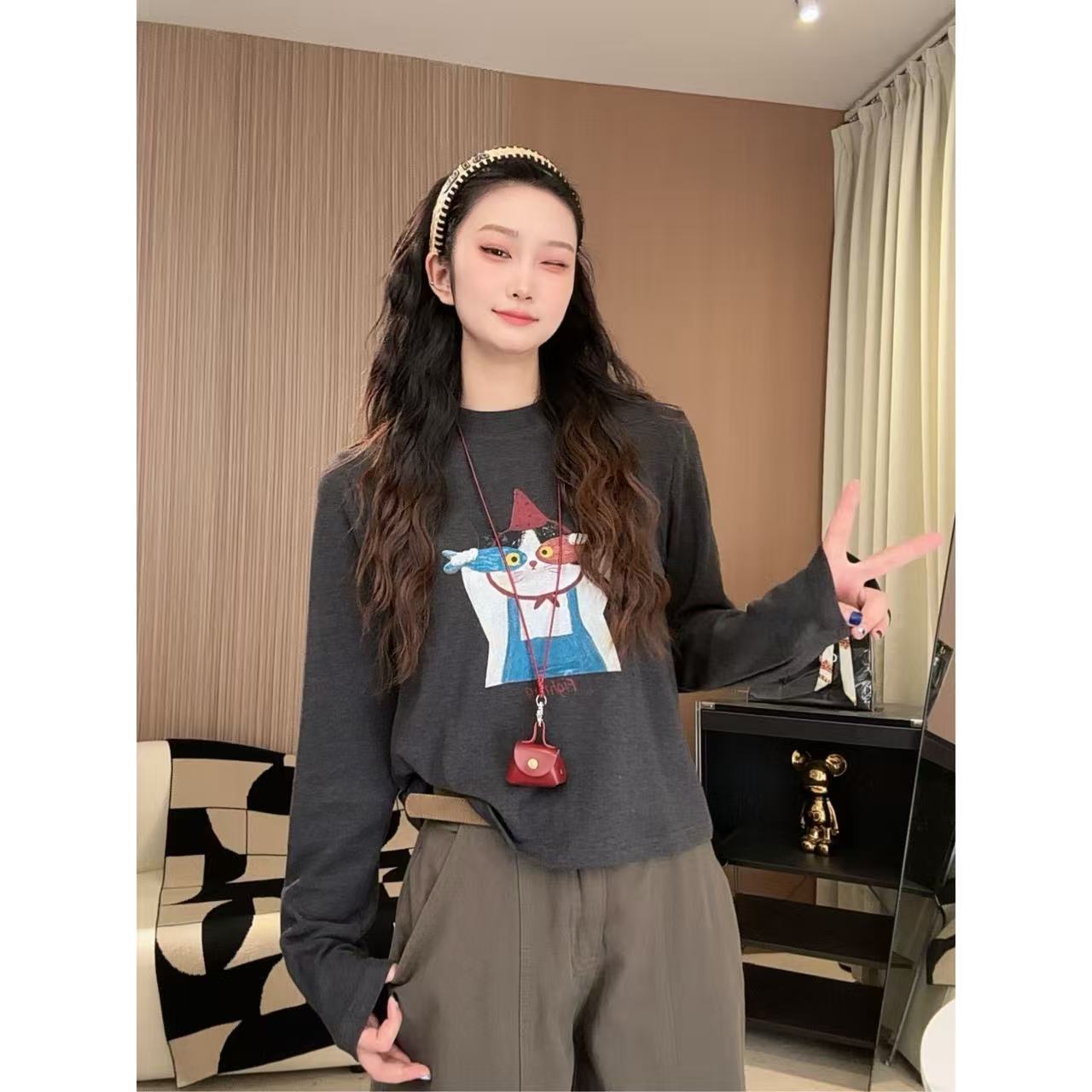 ANGEL HUE-秋冬「双鱼猫咪」松弛慵懒宽松软糯打底衫内搭长袖10170