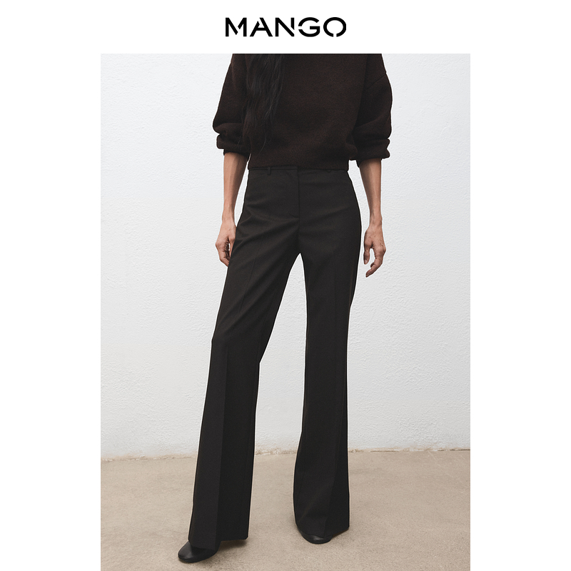 MANGO女装裤子2025冬装新款通勤宽松中腰微喇拖地休闲裤长裤