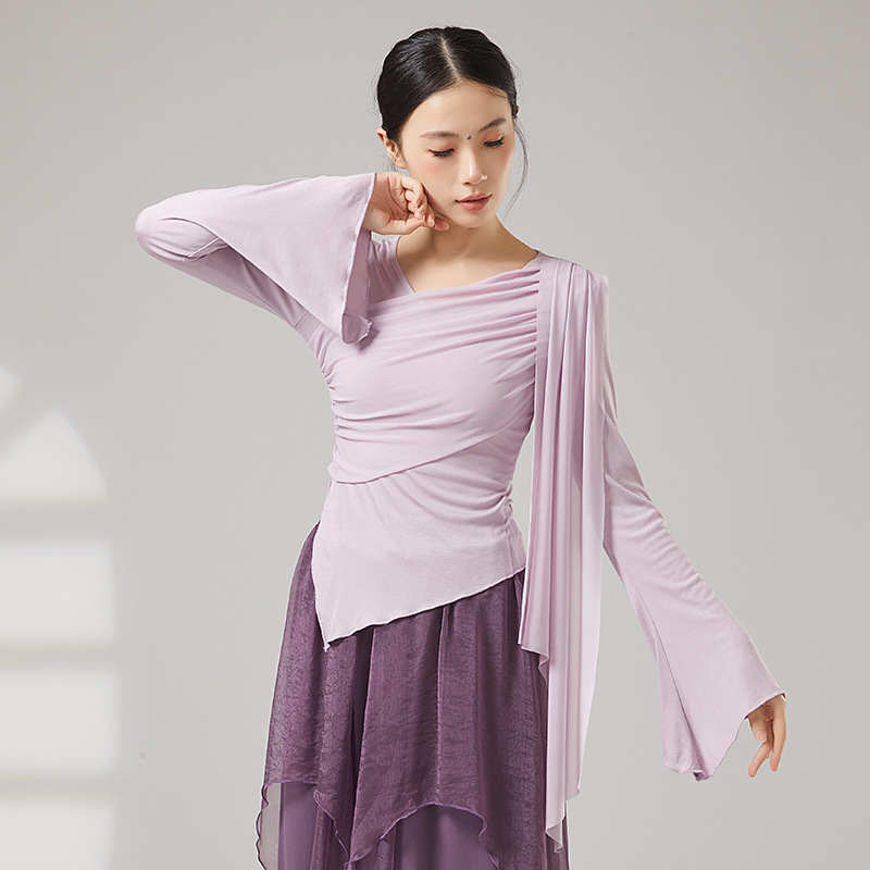 YoYo古典舞舞蹈服女现代形体练功拼接网纱飘逸古典中国舞蹈服上衣