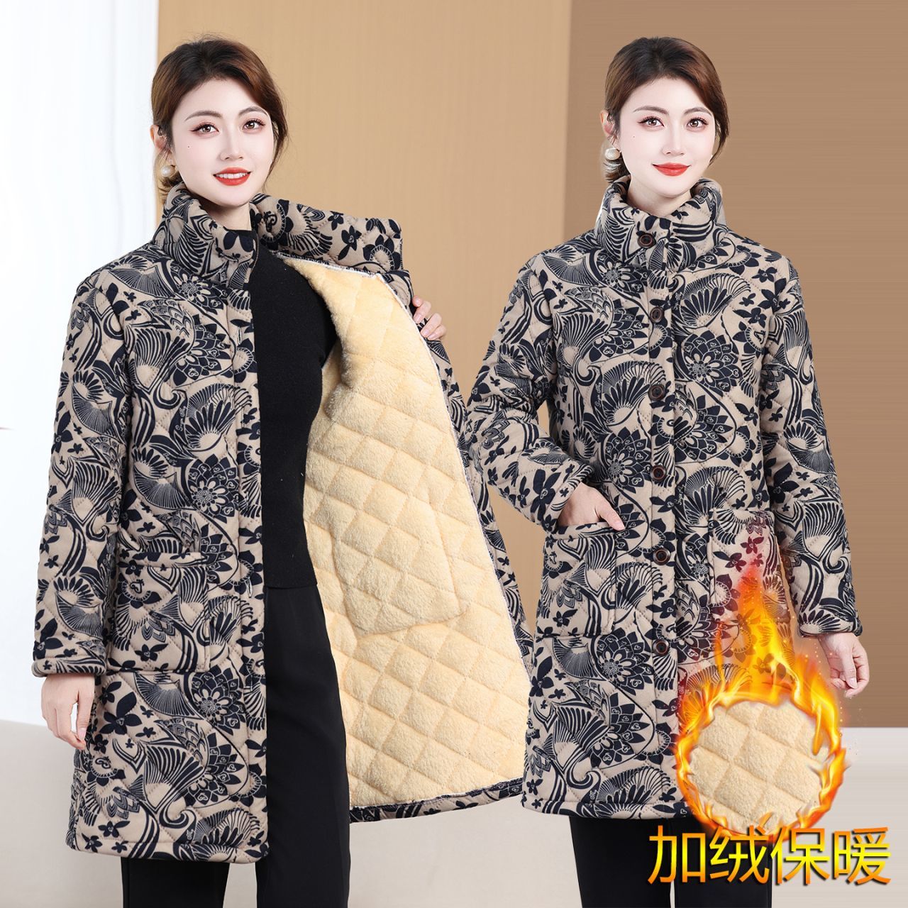 奶奶装冬装棉服中老年妈妈中长款长款加绒加厚棉袄保暖棉衣外套