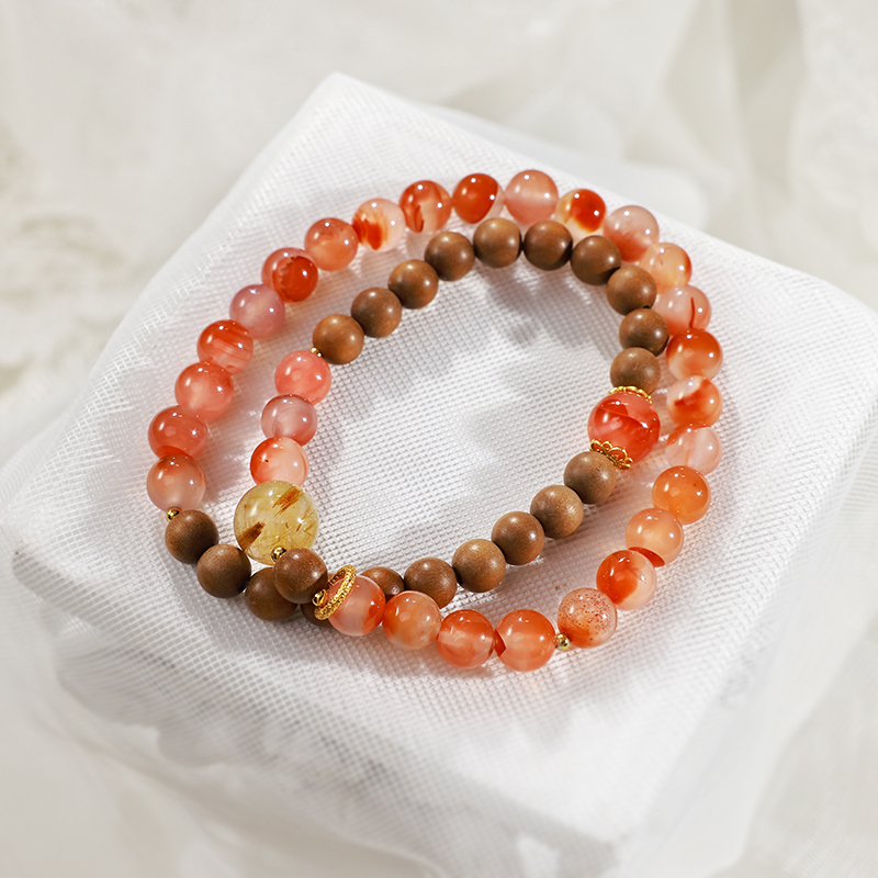 【顺遂】天然冰飘南红老山檀金发晶双圈设计