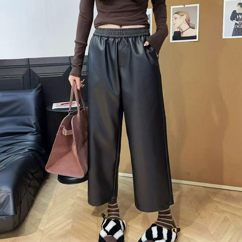 【好鑫晴】2025冬季新款休闲裤子女大码松紧腰PU阔腿九分裤