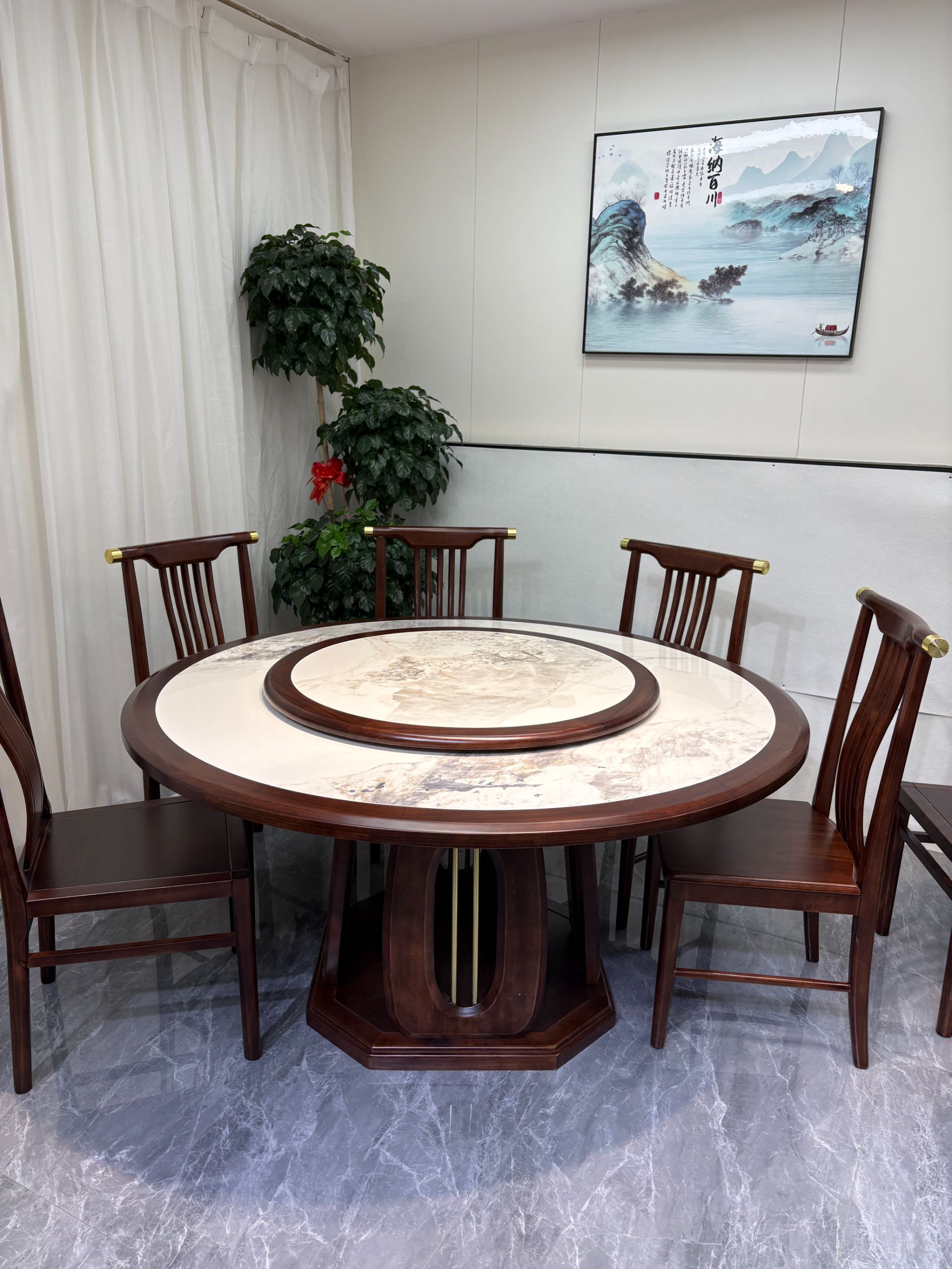 新中式乌金木配岩板面一体圆桌