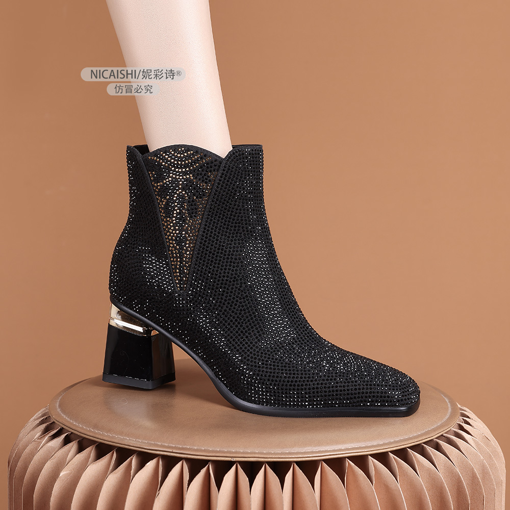 2025年新款欧美满钻侧拉链圆头加绒短靴舒适性感时尚百搭女靴3617