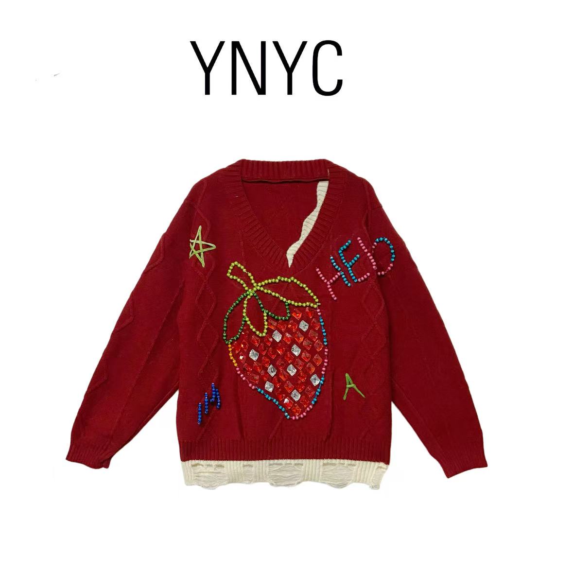 YNYC【依诺原创定制款不退不换】新款重工手工红色毛衣 DZ250981
