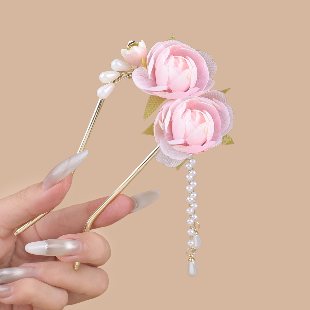 甜美氛围感蔷薇花U型珠珠流苏发簪搭旗袍汉服后脑勺盘发国风簪子