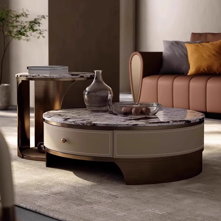 意式极简茶几大户型家用现代轻奢设计师款圆形天然大理石客厅茶几