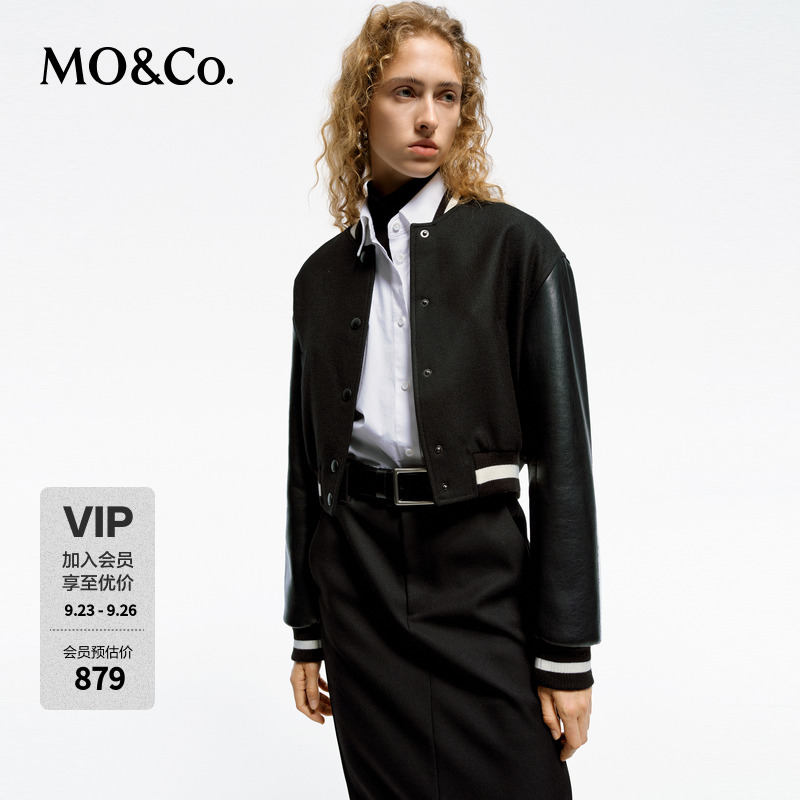 MOCO春毛呢拼接短款黑色棒球服夹克外套MBD1JKT021